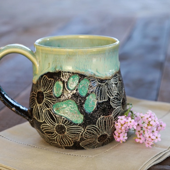 NEW Handmade Ceramic Paw Print Blue Drip Glazed Floral Gold Glitter Pottery Mug - Picture 4 of 6